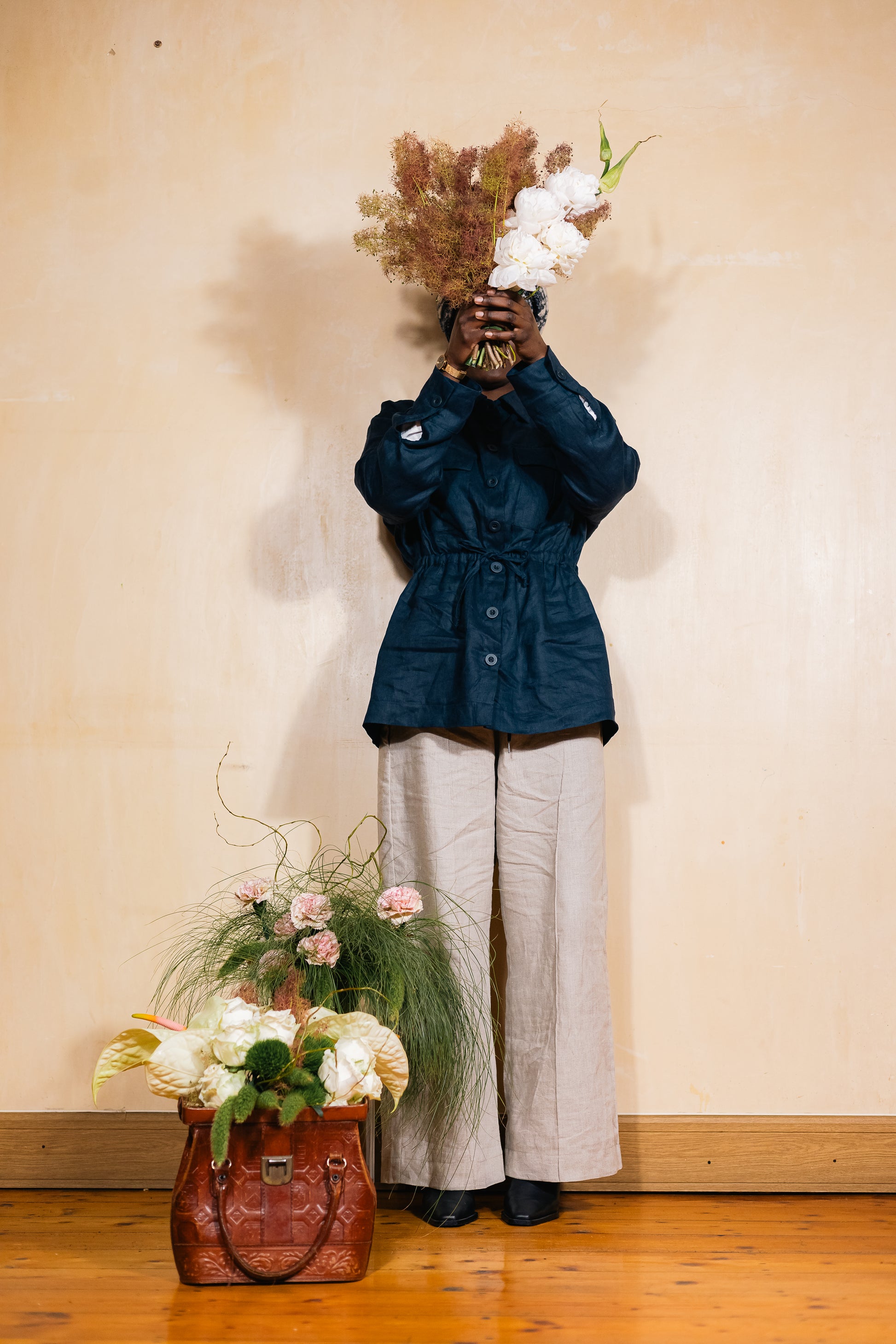 Navy Blue 100% Linen Safari Jacket
